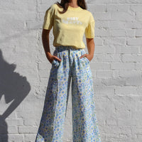 Sustainable Australian fashion label Arlo & Olive's wide leg linen pants and organic unisex tshirt.