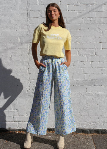 Sustainable Australian fashion label Arlo & Olive's wide leg linen pants and organic unisex tshirt.