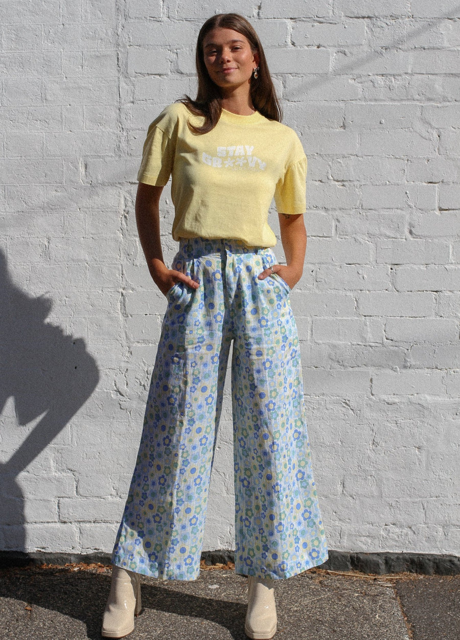 Sustainable Australian fashion label Arlo & Olive's wide leg linen pants and organic unisex tshirt.
