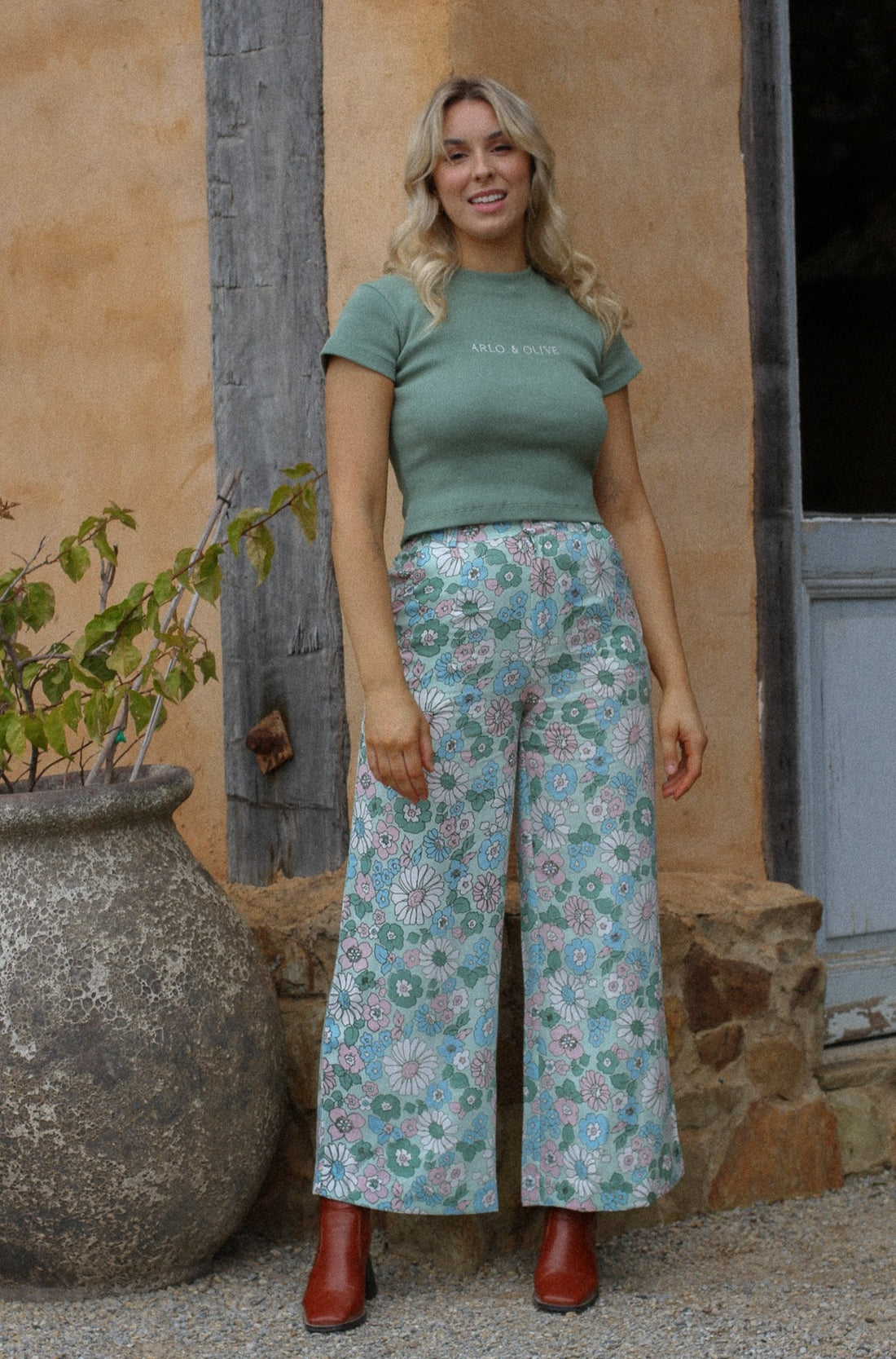 retro 70s wallpaper print. sustainable wide leg pants.