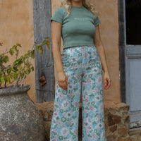 retro 70s wallpaper print. sustainable wide leg pants.