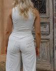 organic cotton jumpsuit. boiler suit. sustainable 70s fashion.