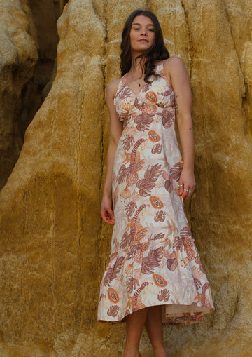 tropical cotton dress. sustainable dresses. papaya print dress. 