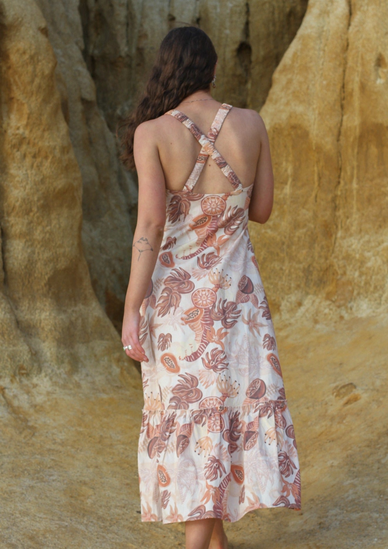 cross back dress. sustainable maxi dresses. tropical dress.