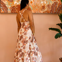 flowy maxi dress. cottagecore dresses. tropical printed resort wear.